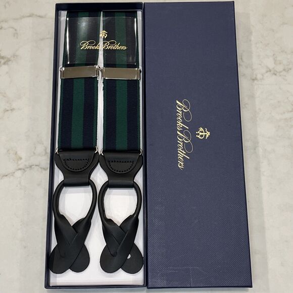 BROOKS BROTHERS NEW Striped Navy Green Nylon Leather Suspenders Silver Tone